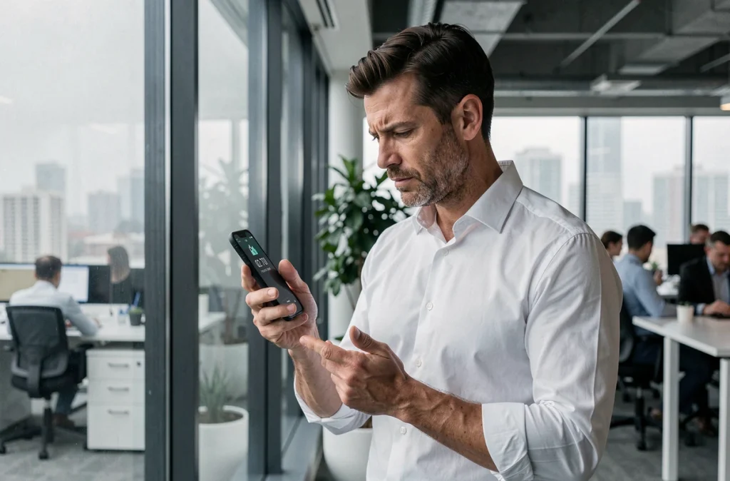 Homme en bureau regardant son téléphone affichant un numéro inconnu 02 70, hésitant à répondre à un appel de démarchage commercial