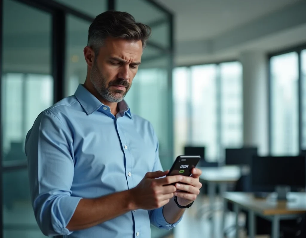Homme en bureau consultant son journal d'appels rempli de numéros répétés en 0424, cherchant à documenter un harcèlement téléphonique