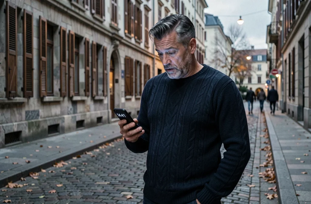 Homme découvrant l'heure 14h41 sur son téléphone dans une rue pavée, évoquant le chemin de vie et les messages des anges