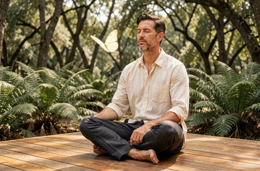 Homme en méditation sur une terrasse en bois en forêt avec un papillon jaune près de lui, évoquant le symbolisme spirituel et la signification des rencontres avec les papillons