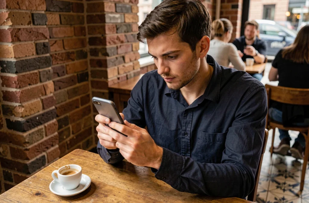 Homme consultant anonymement une story Snapchat dans un café urbain