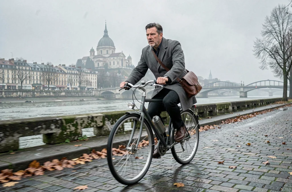 Homme à vélo longeant les quais du Rhône à Lyon en tant qu'alternative à la grève TCL lors d'une journée de transport perturbé