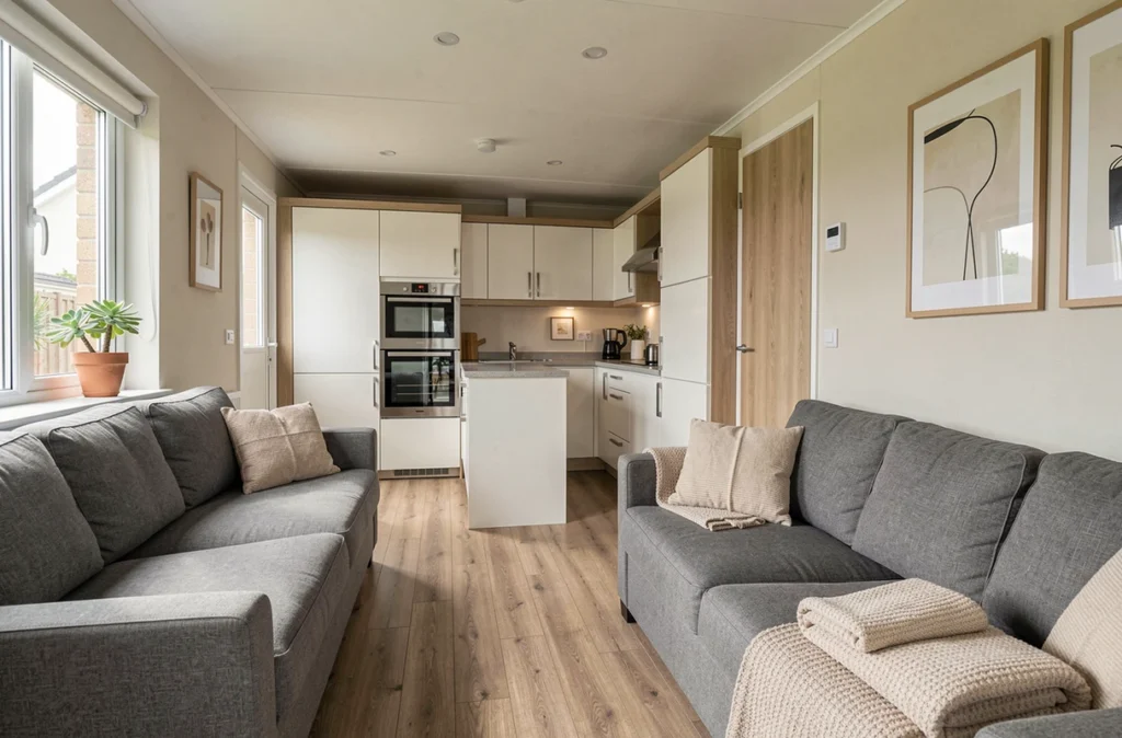 Intérieur moderne et confortable d'un mobil-home haut de gamme avec cuisine équipée et salon aménagé
