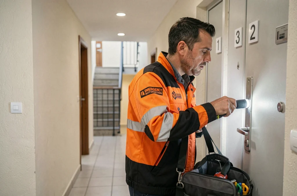 Technicien d'Isula Dépannage en veste d'intervention arrivant en urgence devant une porte d'appartement en Corse
