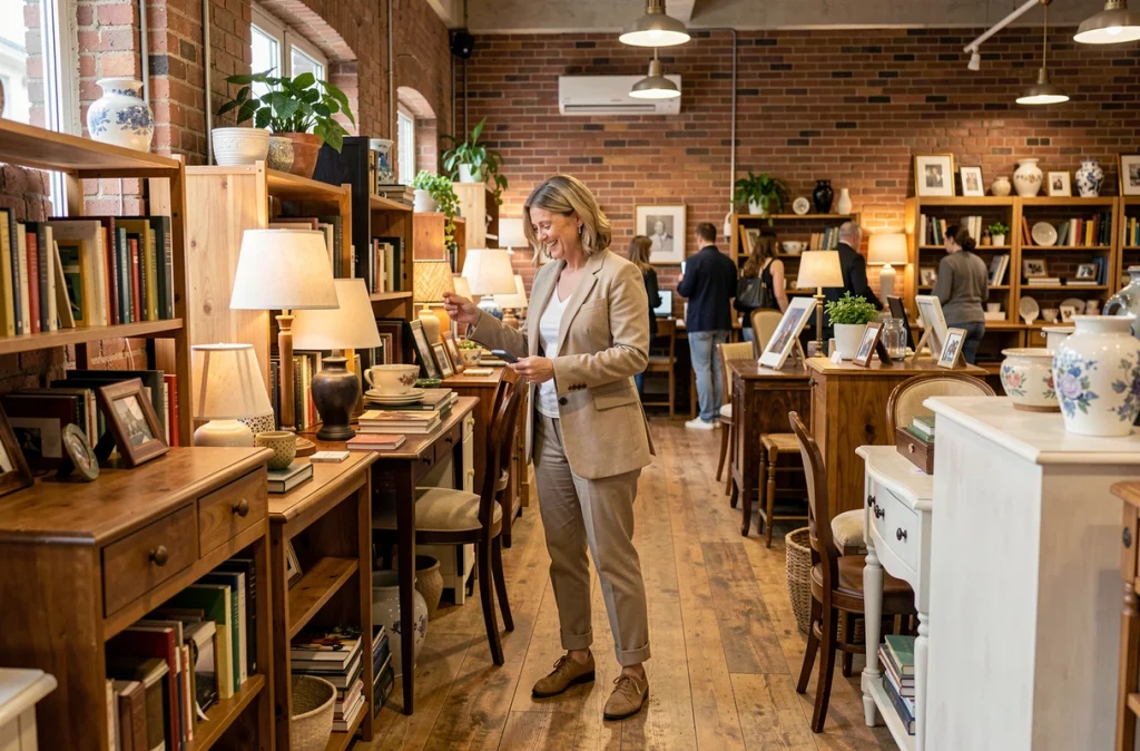 Cliente parcourant les objets de seconde main exposés dans la boutique Le Trokeur dans les Hauts-de-France
