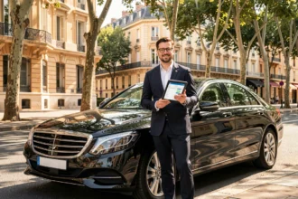 Chauffeur VTC professionnel en costume sombre debout à côté d'une berline noire sur un boulevard du sud de la France, illustrant le thème du classement des meilleurs chauffeurs VTC dans l'Hérault