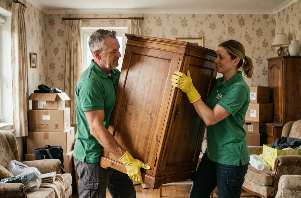 Deux agents de la société Merci Débarras portant une armoire hors d'un appartement encombré