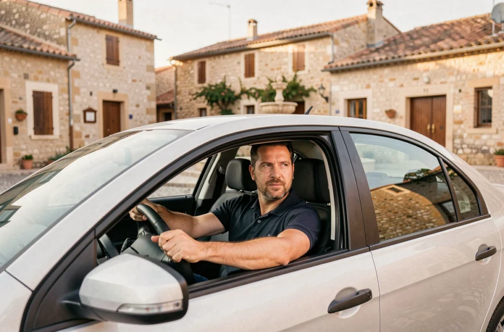 Chauffeur VTC Mg Taxi assis au volant de sa berline dans une rue calme du village de Montbazin dans l'Hérault