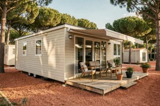 Mobil-home de qualité supérieure avec terrasse en bois installé dans un camping provençal entouré de pins