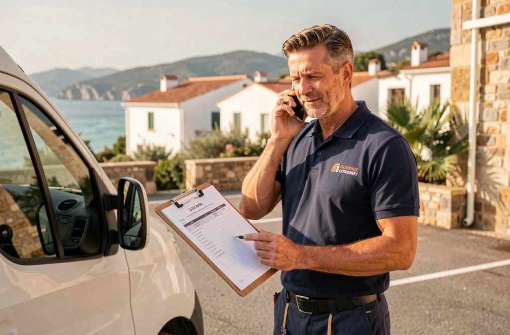 Serrurier de Ou Serrurier Corse-du-Sud devant son véhicule utilitaire avec une vue côtière du sud de la Corse en arrière-plan
