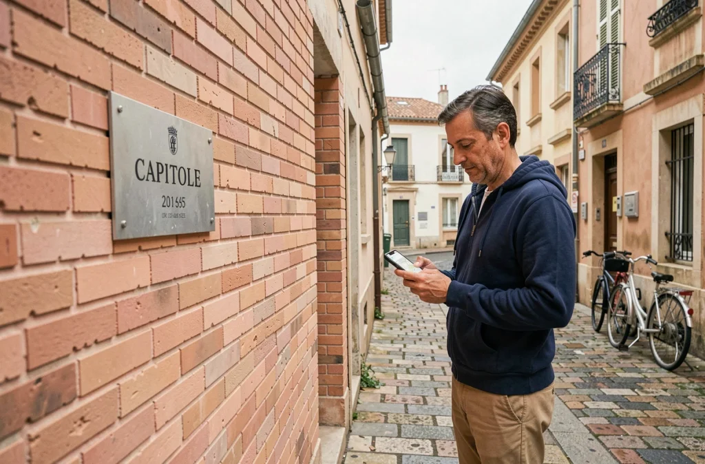 Homme consultant un plan sur smartphone devant un panneau de rue en briques roses à Toulouse