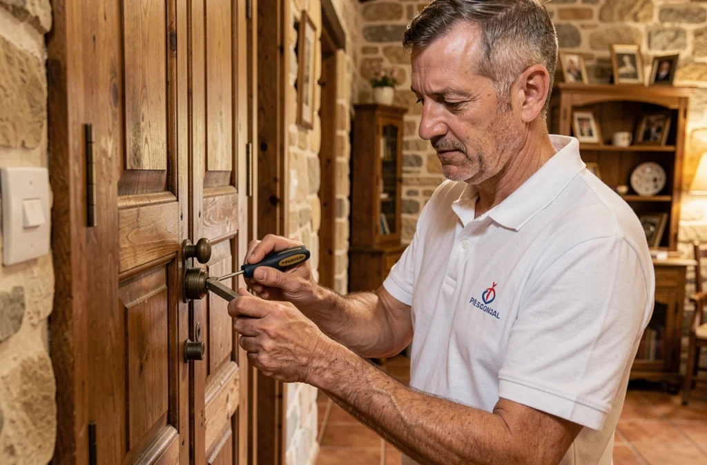 Patrick D Amico, serrurier, remplaçant un cylindre de serrure sur une porte en chêne dans une maison traditionnelle corse