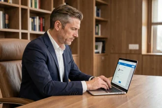 Professionnel en costume marine résolvant un problème d'accès à un portail de club privé sur son ordinateur portable dans un bureau élégant