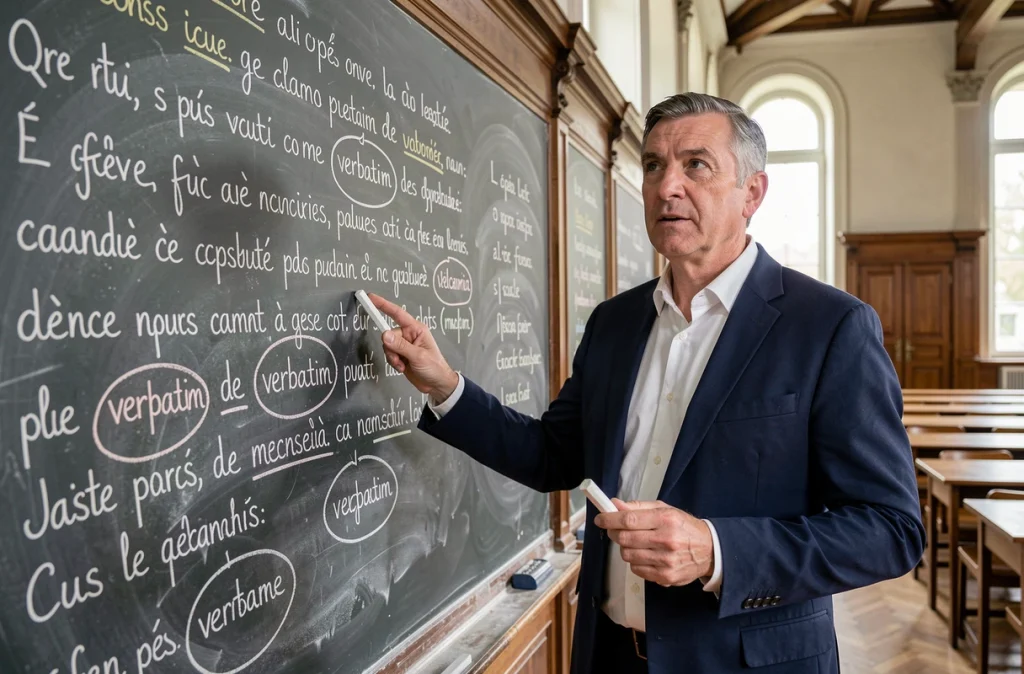 Professeur de français expliquant devant un tableau le concept de verbatim et ses équivalents synonymes en linguistique
