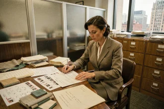 Femme éditorialiste de mode des années 1950 travaillant à son bureau avec des calendriers de défilés et des notes manuscrites, illustrant l'histoire vraie de Ruth Finley
