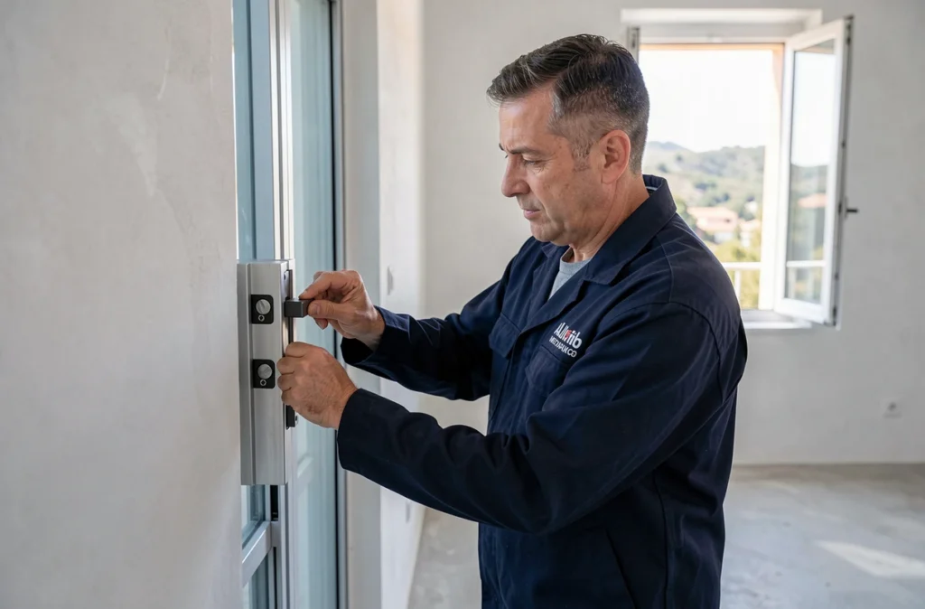 Technicien de la SARL ALU DM installant une serrure multipoints sur une porte en aluminium