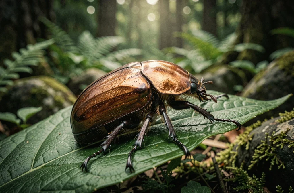 Scarabée doré en gros plan sur une feuille verte dans une forêt mystérieuse, illustrant le bon ou mauvais présage lié à l'observation d'un scarabée dans la nature