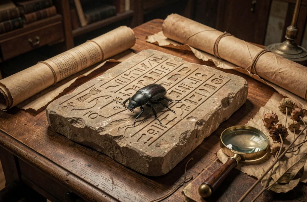 Scarabée noir sur une pierre ancienne gravée de hiéroglyphes égyptiens entourée de parchemins, évoquant la symbolique spirituelle et ésotérique du scarabée