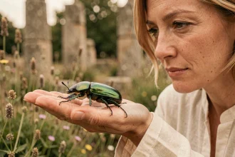 Scarabée vert irisé posé sur la main d'une femme dans un jardin aux ruines antiques, symbolisant la signification spirituelle de cet insecte