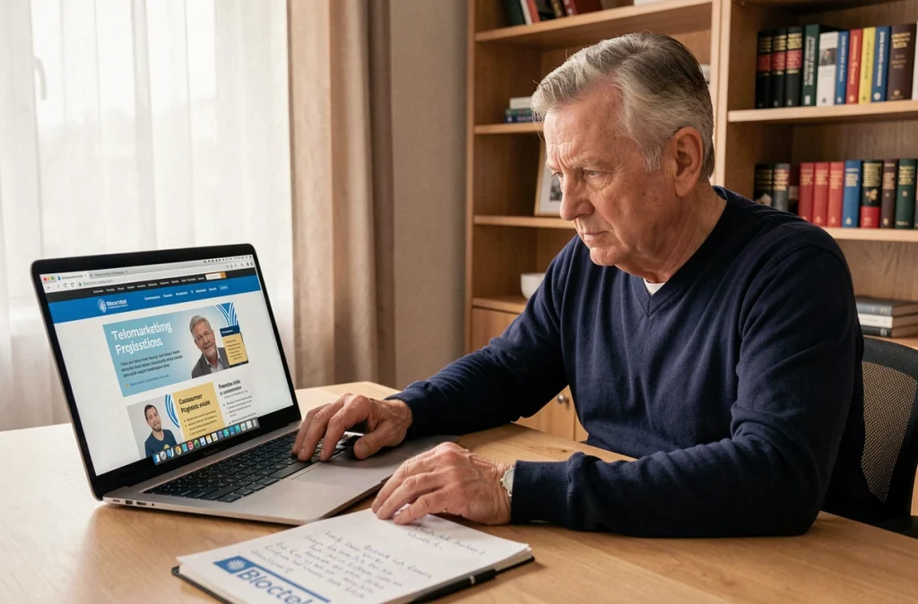 Senior consultant ses droits contre le démarchage téléphonique sur un ordinateur portable avec documents Bloctel, illustration des recours légaux en 2026