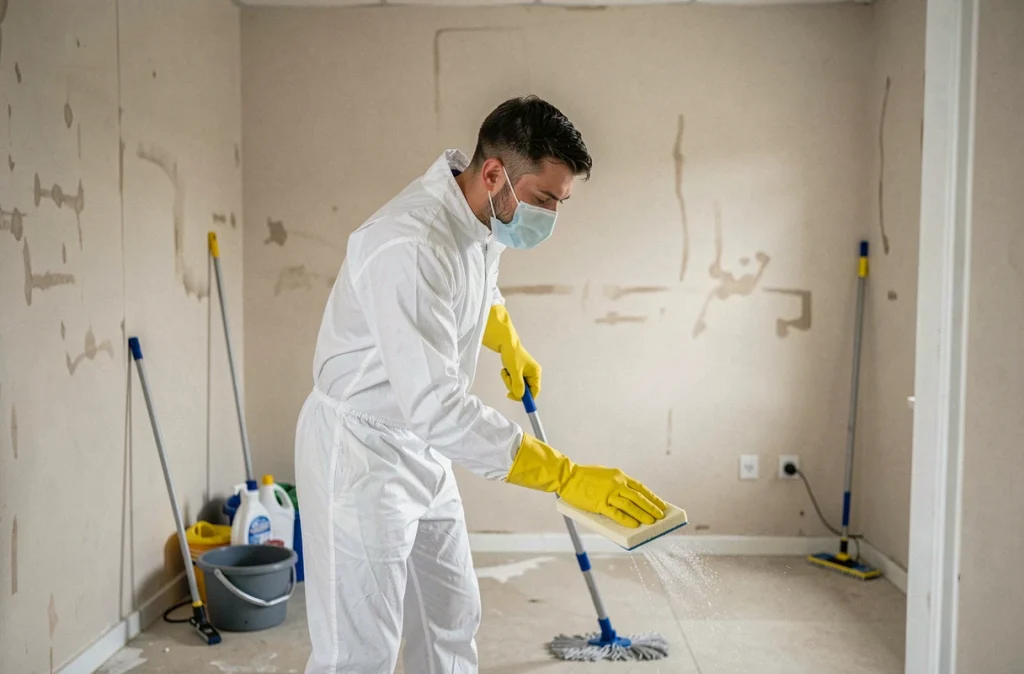 Technicien SOS Débarras Nettoyage en combinaison blanche nettoyant un appartement après débarras