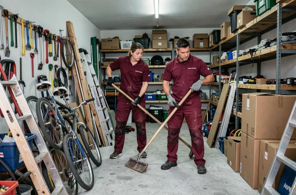 Équipe Super Débarras vidant un garage encombré d'outils et de cartons dans le nord de la France