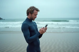 Surfeur consultant une application horaire des marées sur smartphone sur la plage d'Anglet