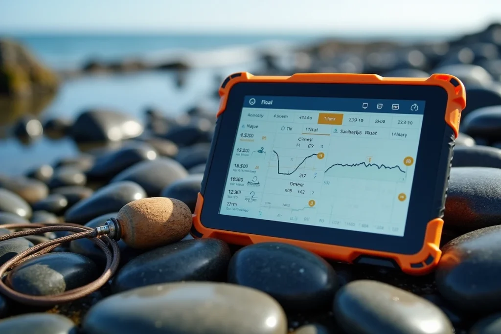 Tablette affichant un horaire des marées posée sur des rochers en bord de mer à Anglet
