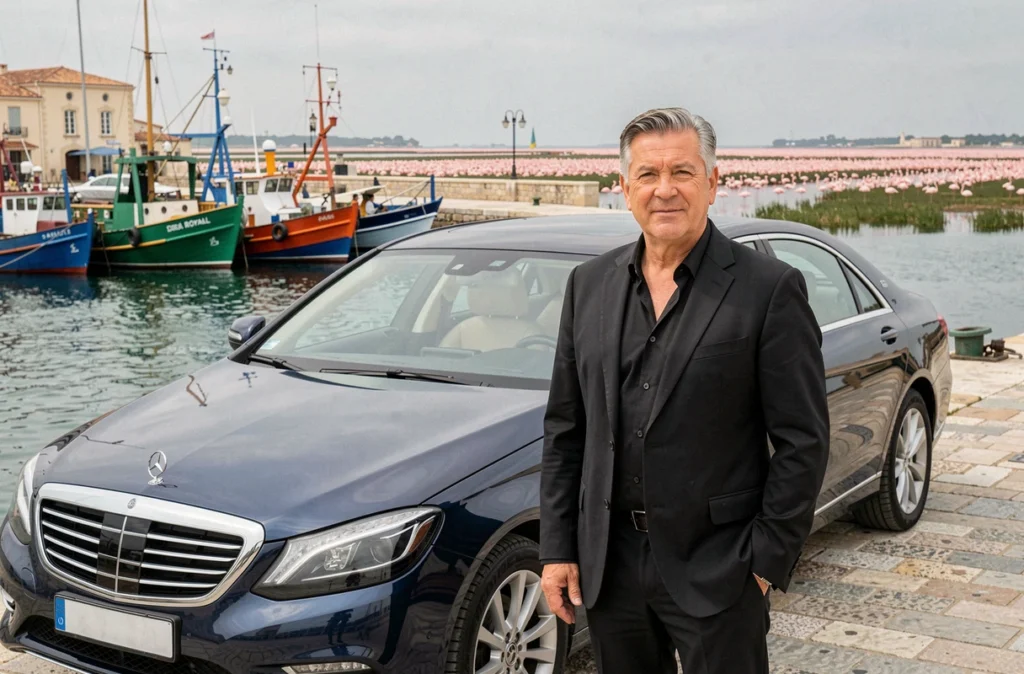 Chauffeur VTC Taxi Company Service debout au bord du Canal Royal à Sète avec une berline bleue foncée