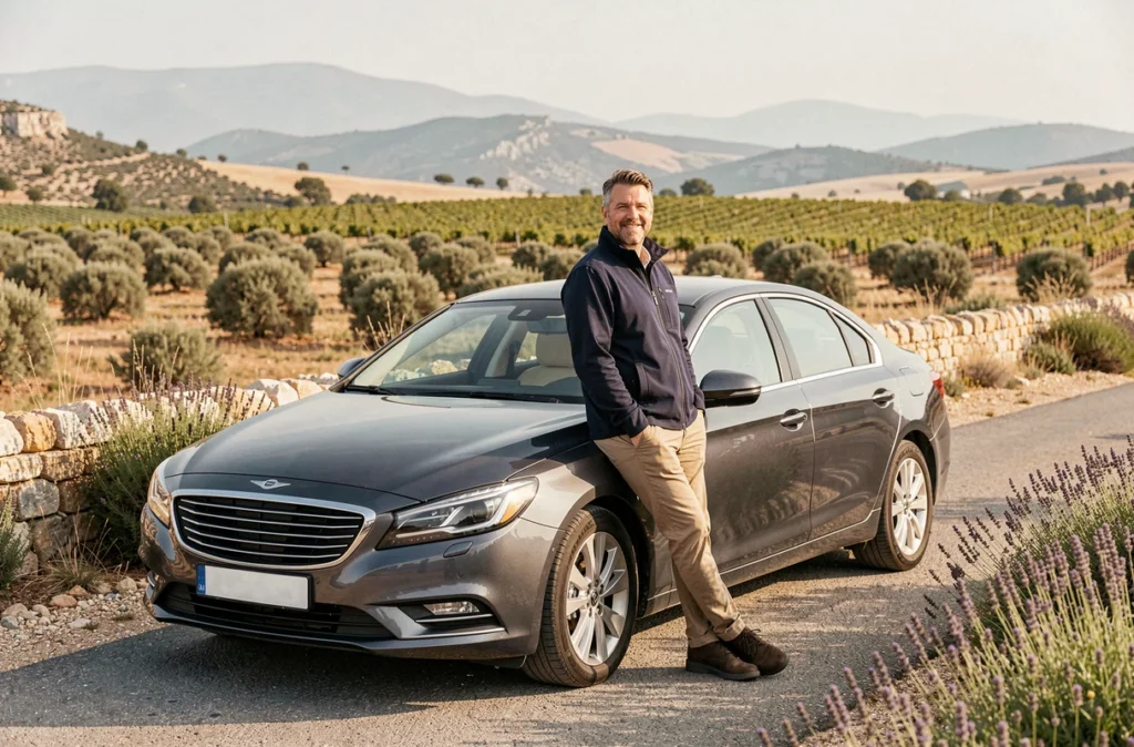 Chauffeur VTC Taxi Concept Montpellier appuyé contre une berline grise sur une route de campagne près de Gigean avec vignes et garrigue