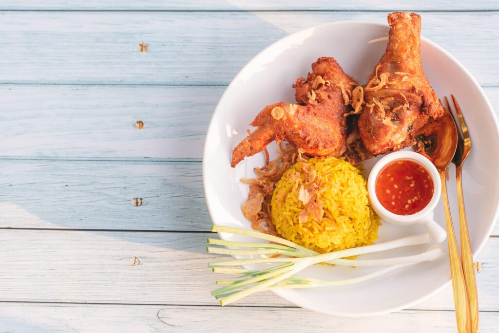 Top view of Muslim, halal food, homemade cooked, celebrating after fasting, Ramadan festival