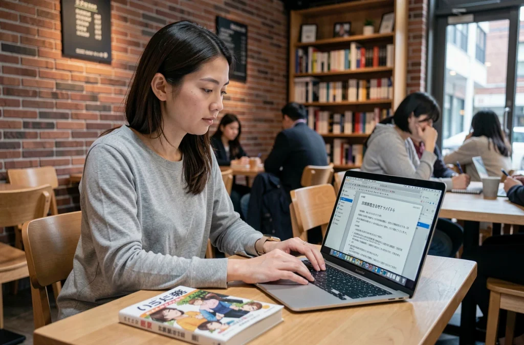Femme travaillant sur une traduction amateur de manga Naruto dans un café avec un ordinateur portable et un volume officiel