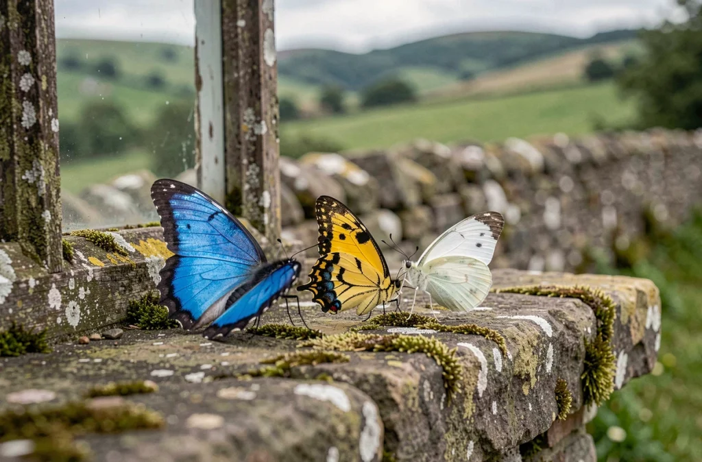 Trois papillons colorés posés sur un rebord de pierre moussue à la campagne, illustrant les rencontres répétées avec les papillons et leur signification symbolique