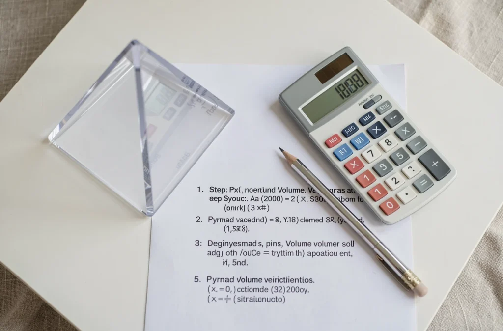 Vue aérienne d'un bureau avec modèle de pyramide en plastique, calculatrice et fiche de vérification du volume pyramide base carrée