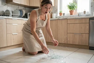 Femme qui laisse tomber un verre blanc qui se brise sur le carrelage de sa cuisine moderne