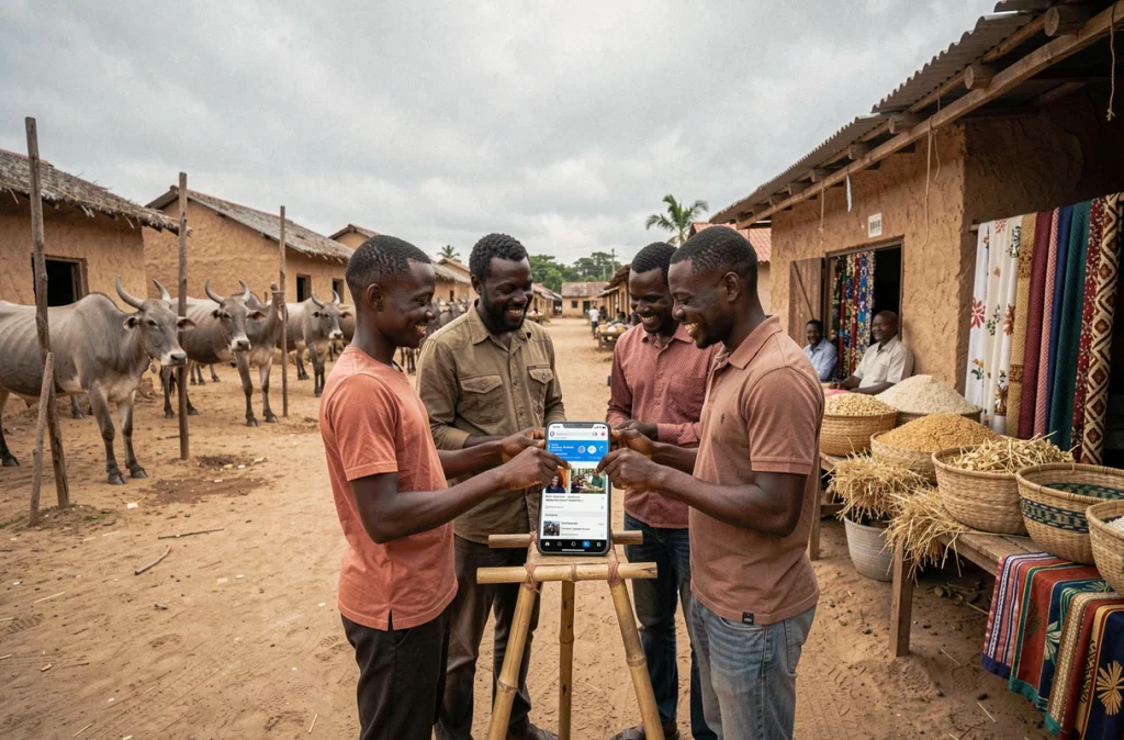 Groupe de villageois malgaches consultant ACTUTANA sur smartphone dans un marché rural avec des zébus en arrière-plan