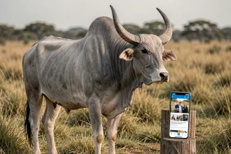 Zébu malgache dans la savane avec un smartphone affichant un site d'actualités ACTUTANA au premier plan